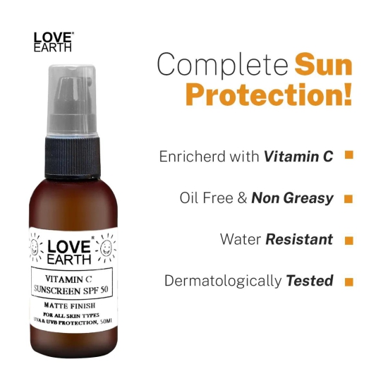 Love Earth Vitamin C Sunscreen SPF-50 For Sun`s UVA, UVB Ray Protection With Vitamin C & Essential Oils For All Skin Types 50ml