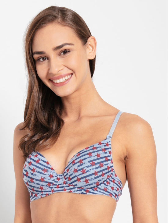 Jockey Women's Under-Wired Padded Super Combed Cotton Elastane Stretch Medium Coverage Printed T-Shirt Bra with Detachable Straps- UL50-34B / Blue Depth