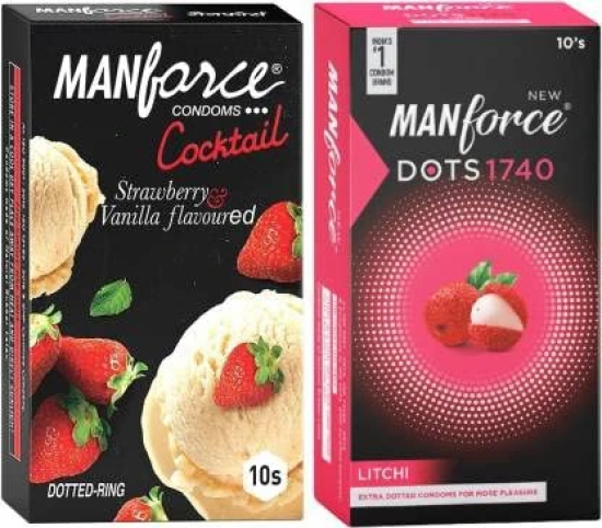 MANFORCE Cocktail Condoms with Dotted-Rings Strawberry & Vanilla Flavoured- 10 Pieces & Extra Dotted Litchi Flavoured Condoms - 10 Pieces Condom (Set of 2 20 Sheets)