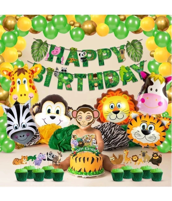 Zyozi Jungle Safari Happy Birthday Decoration Combo - Birthday Decoration Banner with Balloons, Cake Topper, CupCake Topper, Sticker and Foil Balloons (Pack of 102) - Multicolor