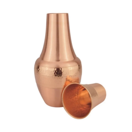 LaCoppera Copper Hammered Vintage 1000 ML Carafe - La034 | Bedroom Flask with a Built-in Glass | 1 Pc