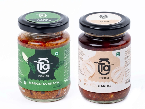 Ta Foods Pickles | Mango Avakaya & Garlic Pickle | 150g [Pack of 2] Combo Made with Cold Pressed Oil | Homemade | Traditional Indian Taste | Natural