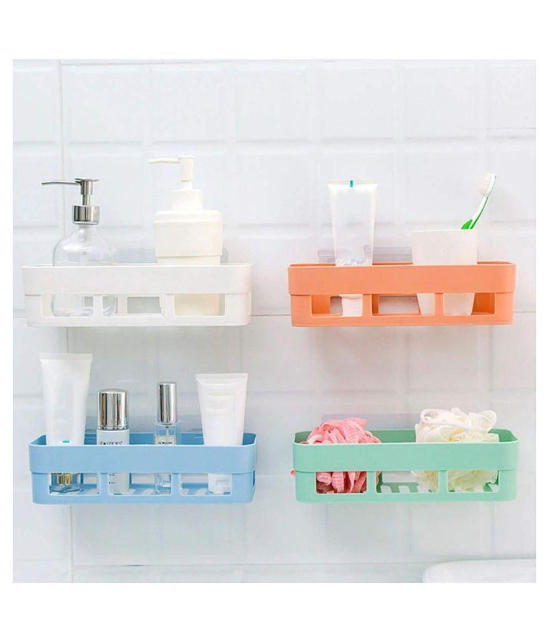 Kitchen Shelf Storage Rack Self Adhesive Traceless Rectangular Box Organizer Plastic Hanging Toilet Bathroom Desktop Wall Mount No Driling Required (Multicolor) - Assorted