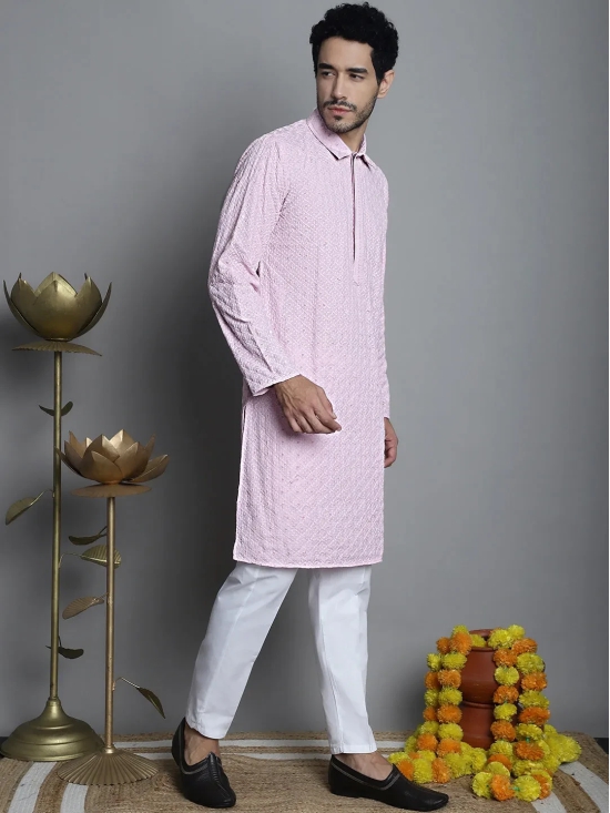 Men's Chikankari Embroidered and Sequence Kurta Only-XXL / Pink