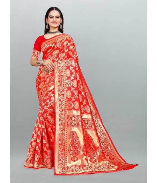 Om Shantam Sarees - Red Banarasi Silk Saree With Blouse Piece ( Pack of 1 ) - Red