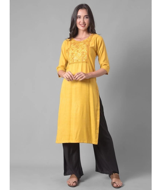 Dollar Missy Cotton Blend Embroidered Straight Womens Kurti - Yellow ( Pack of 1 ) - None