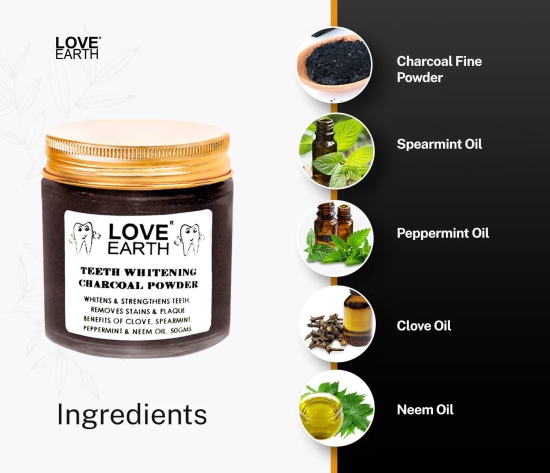 Love Earth Charcoal Teeth Whitening Powder For Teeth Whitening, Removes Plaque And Freshens Breath With Peppermint & Neem Oil 50gm