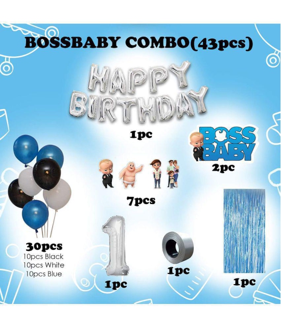 Party Propz Boss Baby Theme Decorations 1st Birthday Combo Set - 43Pcs Happy Birthday Silver letter Foil Balloon, Metallic Balloons, Boss Baby Character, Foil Curtain, Number 1 Foil Balloon 