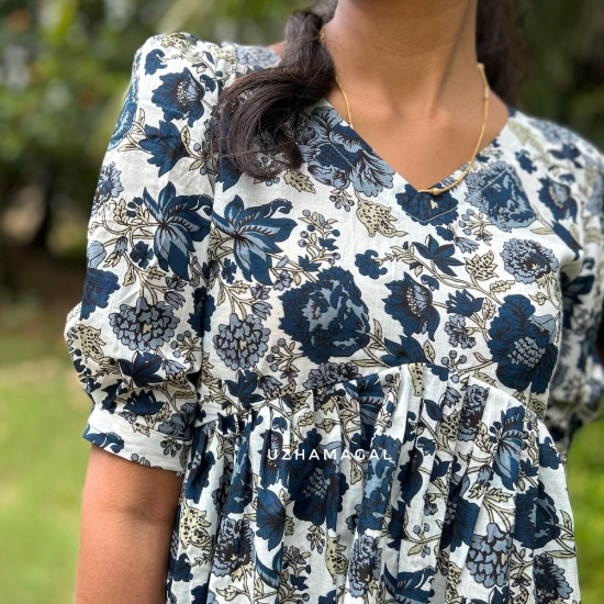 Floral Indigo Tunic Set-S / TUNIC + PANT / With Lining