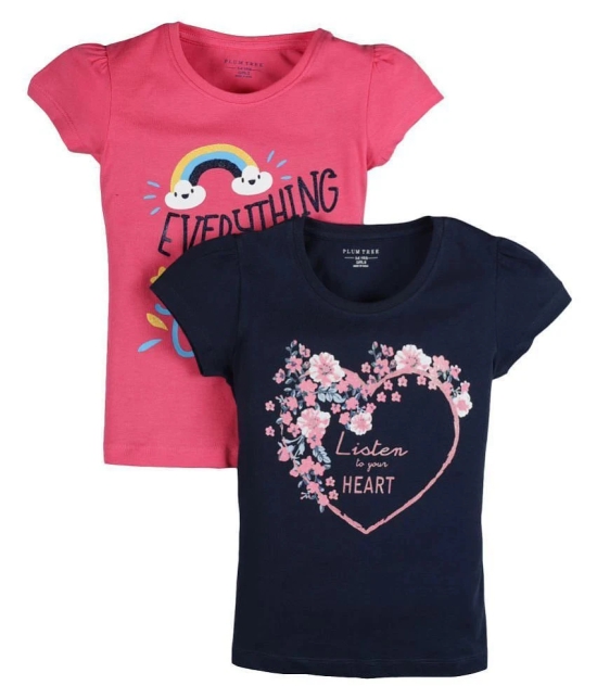 Plum Tree Girls Heart Print T-shirt Navy,Pink ( Pack of 2) - None