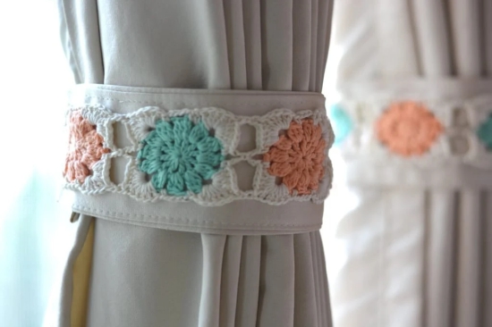 Hand Crafted Crochet Curtain Tiebacks Peach and Teal