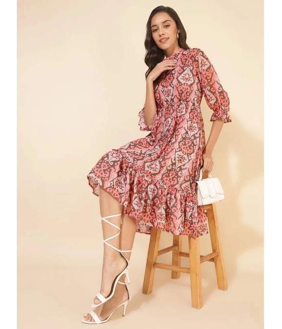 Janasya Georgette Printed Midi Womens Fit & Flare Dress - Peach ( Pack of 1 ) - None