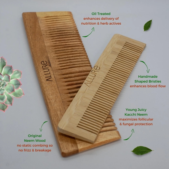 Allure Neem Wood Regular and Pocket Hair Combs (CB-01+CR-01)-2Pcs