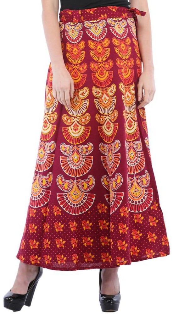Oxblood-Red Block-Printed Sanganeri Wrap-Around Skirt from Pilkhuwa
