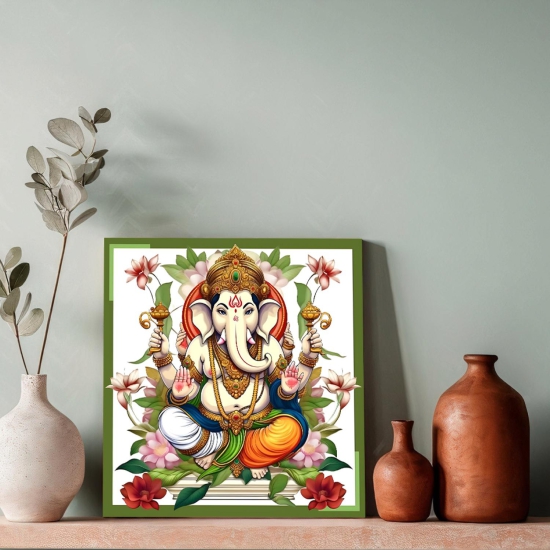 Ganesh Ji With Lotus Colorful Wood Print Wall Art-48 X 48 Inches / Birchwood Thickness: 6mm