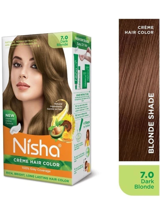 Nisha Creme Hair Color 7.0 Dark Blonde 120g, Permanent Hair Colour with Henna Extract, 100% Grey Coverage