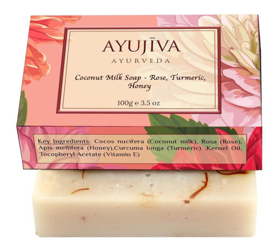 AYUJIVA AYURVEDA Luxury Classic Coconut Milk Soap with Rose, Turmeric, Honey-100 ge (Skin Brigtening Soap)