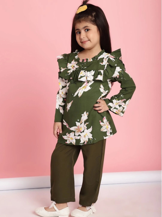 MINI & MING Girls Floral Printed Round Neck Bell Sleeves Pleated A-Line Top