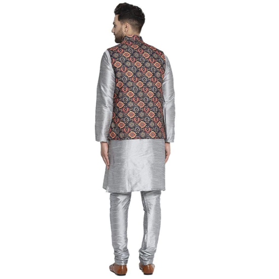 Banity Bey Men's Silk Blend Silver Kurta Pajama with Designer Ethnic Nehru Jacket/Modi Jacket/Waistcoat