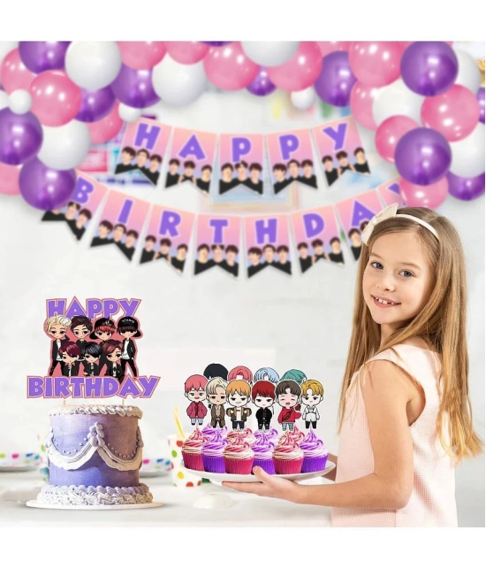 Zyozi BTS Birthday Party Supplies, BTS Theme Birthday Party Decorations ,Include BTS Happy Birthday Banner, Balloons,Cake and Cup Cake Toppers, BTS Fans Birthday Party (Pack of 52) - Pink