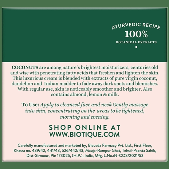 BIOTIQUE Brightening Instant Glow Cream - Coconut, For All Skin Type, 50 g Carton