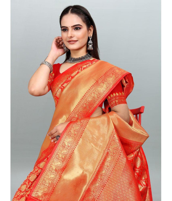 Om Shantam Sarees - Red Banarasi Silk Saree With Blouse Piece ( Pack of 1 ) - Red