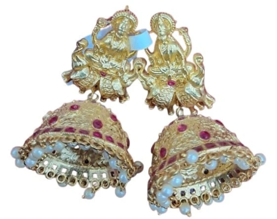 Exquisite Goddess Lakshmi Antique Gold Plated Jhumka Earrings with Pink Stones and Pearls