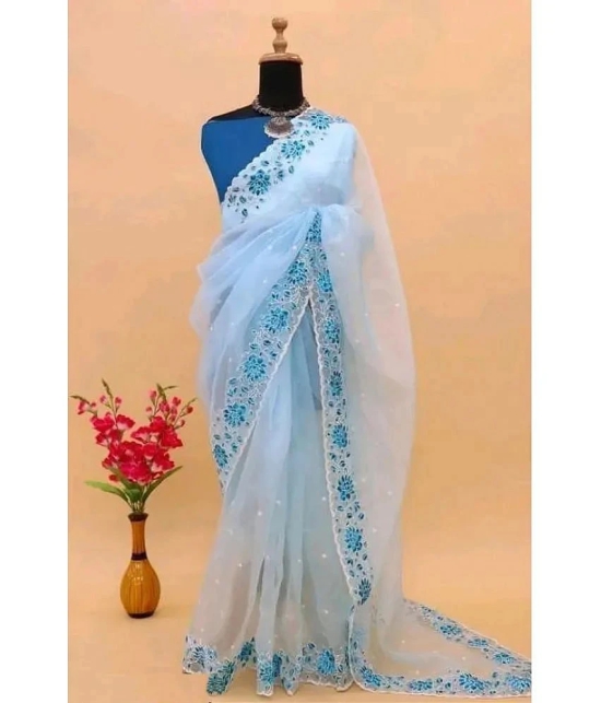 Apnisha Net Embroidered Saree With Blouse Piece - Turquoise ( Pack of 1 ) - Turquoise