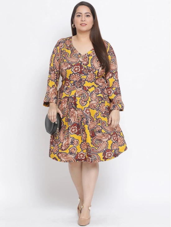 Oxolloxo Women Mustard Yellow & Brown Paisley Print Plus Size A-Line Dress