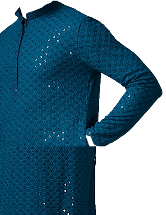 Blue Sequin Chikan Embroidery Kurta