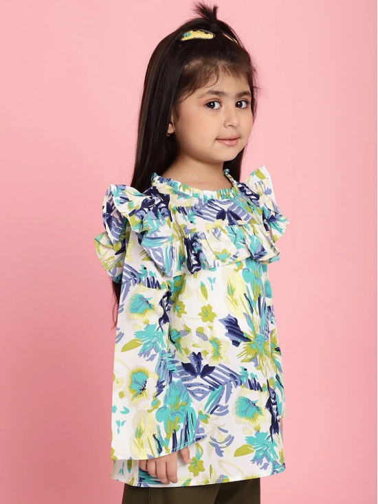 MINI & MING Girls Floral Printed Round Neck Bell Sleeves Pleated A-Line Top