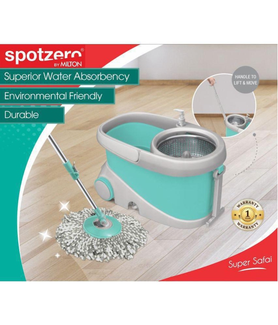 Spotzero by Milton Prime Spin Mop with Big Wheels and Stainless Steel Wringer, Bucket Floor Cleaning and Mopping System,2 Microfiber Refills,Aqua Green - Sea Green