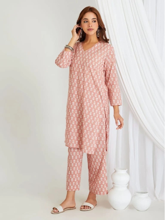 BREATHABLES Women Cotton Printed Loungewear Kurta and Pants Co-ord Set 3/4 Sleeve V Neck Comfort Loose Fit Peach I Night Wear | Co-ord set | Lounge Wear Set