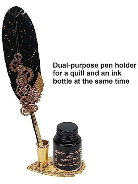 Feather Pen and Ink Set, Mechanic Style Quill Calligraphy Pen with Blue or Black Ink, 2 Replacement Nibs and Pen Holder, Vintage Signature Fountain Pen Dip Pen Gift Set