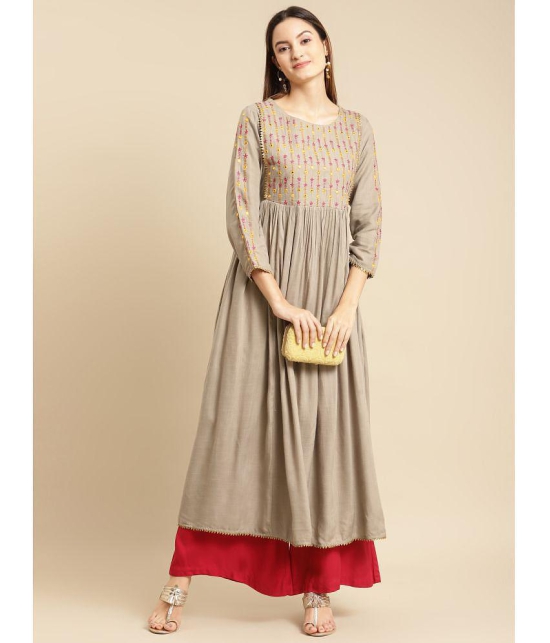 Rangita Women Rayon Olive Yoke Embroidered Calf Length Kurti Gathered At Waist - None