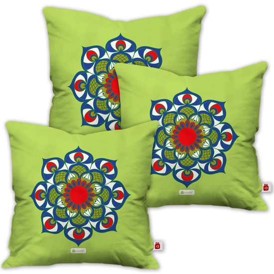 Indigifts Dipawali Gift Items Floral Mandala Print Green Cushion Cover 16x16 Set of 3 - Diwali Gift Items, Diwali Decoration Items, Deepavali Decoration, Dipawli Gifts, Deepawali Greetings