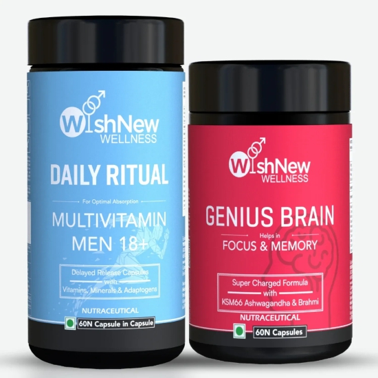 Wishnew Wellness Sharp Mind Duo: Daily Ritual Multivitamin Men 18+ + Genius Brain