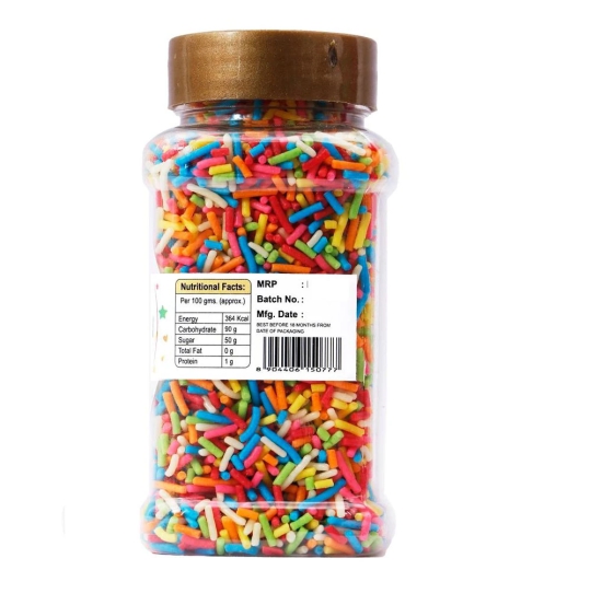 foodfrillz Muticoloured Rainbow Vermicelli Sugar Sprinkles and Chocolate Strands Coloring Cake, Fancy Strands,| Choco Sprinkles | Strands for Cakes Decoration and Ice Creams - 200g