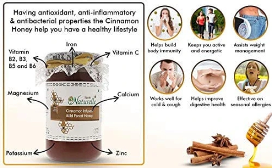 Farm Naturelle-Cinnamon Flower Wild Forest Honey |1.45KG and a Wooden Spoon| 100% Pure & Natural Ingredients Made Delicious Honey | No Artificial Color | No Added Sugar | Lab Tested Cinnamon Honey In Glass Bottle.