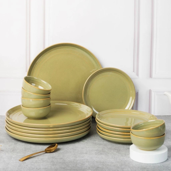 Handcrafted Chip Resistance Porcelain Dinner Set, 18 Pieces Dish Set Serving for 6, Microwave and Dishwasher Safe, Bone-ash Free, Crockery Set for Dining and Gifting, Olive Green