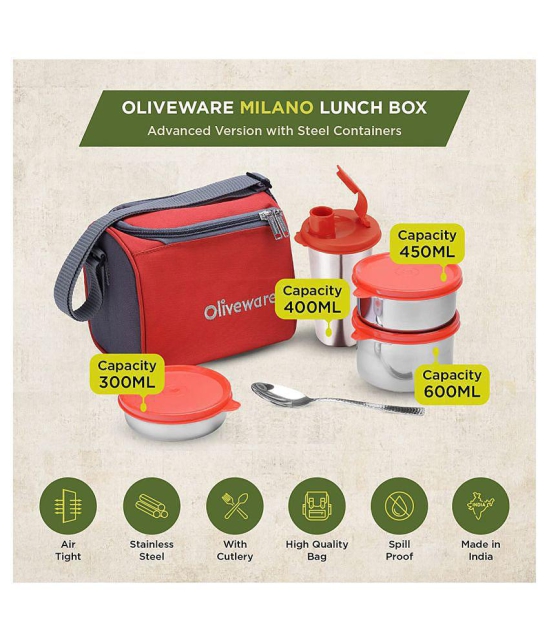 Oliveware Milano Lunch Box, 3 Stainless Steel Containers and Sipper with Steel Spoon - Red