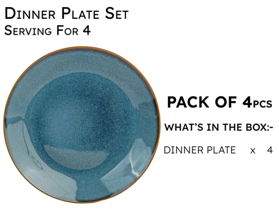 Handcrafted Reactive Glaze Ceramic Dinner Plates, 4 Pieces Serving for 4, Microwave and Dishwasher Safe, Bone-ash Free, Full Plate Set Crockery for Dining and Gifting, Greenish Blue