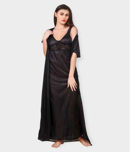 Fasense - Black Satin Womens Nightwear Nighty & Night Gowns - None