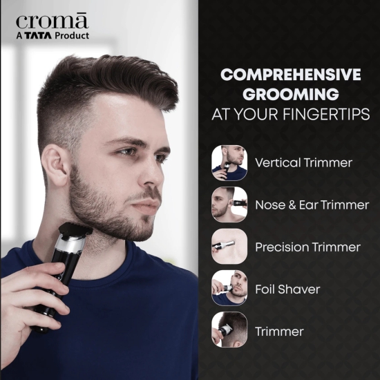 Croma 11-in-1 Rechargeable Cordless Grooming Kit for Nose, Ear, Eyebrow, Beard & Moustache for Men & Women (120min Runtime, Water Resistant, Black)