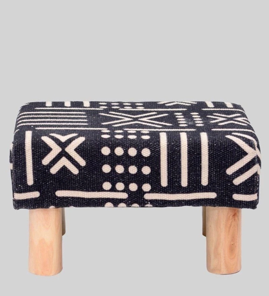 Solid Wood Foot Stool In Cotton Black Colour-Black