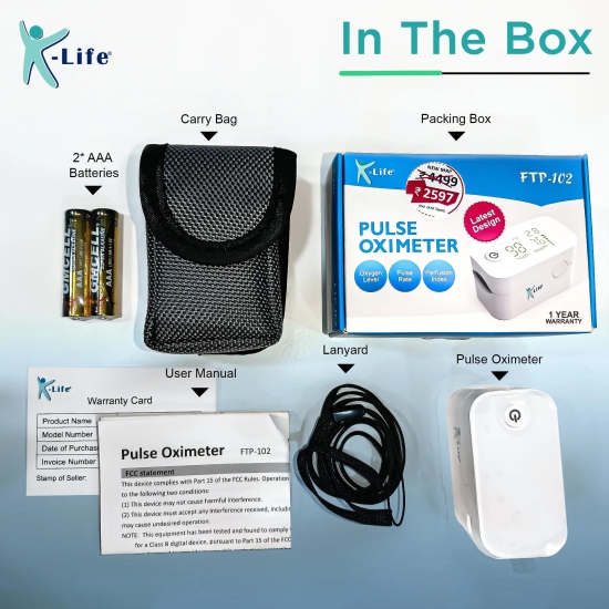 K-Life FTP-102 Finger Tip Pulse Oximeter with free storage pouch