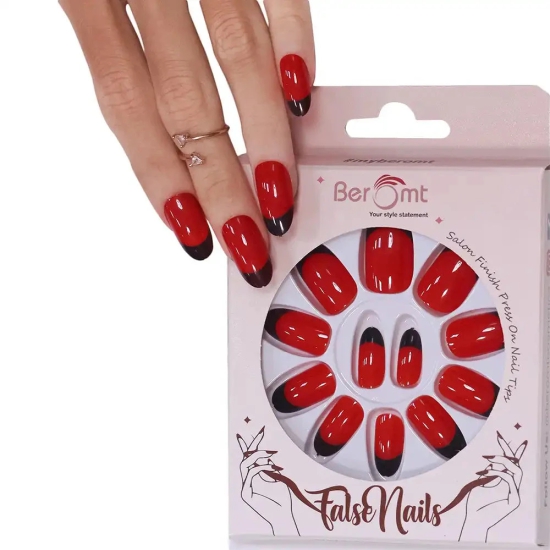 FRENCH OVAL TIPS (NAIL KIT INCLUDED)-Red & Black