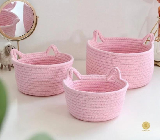 Cat Shape Rope Woven Storage Organiser Basket Set of 3-Pink