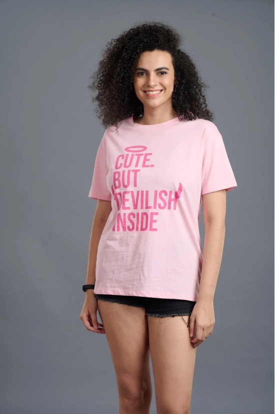 Cute But Devilish Inside Printed Pink Oversized T-Shirt for Women L