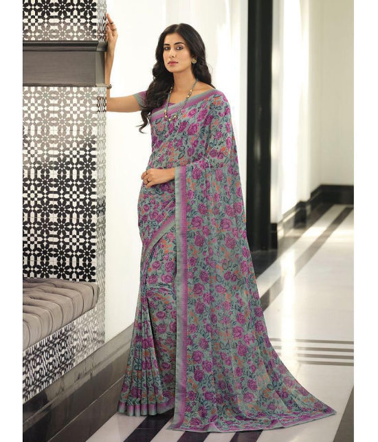 Rangita Georgette Floral Printed Saree With Lace Border & Blouse Piece -Grey - Grey